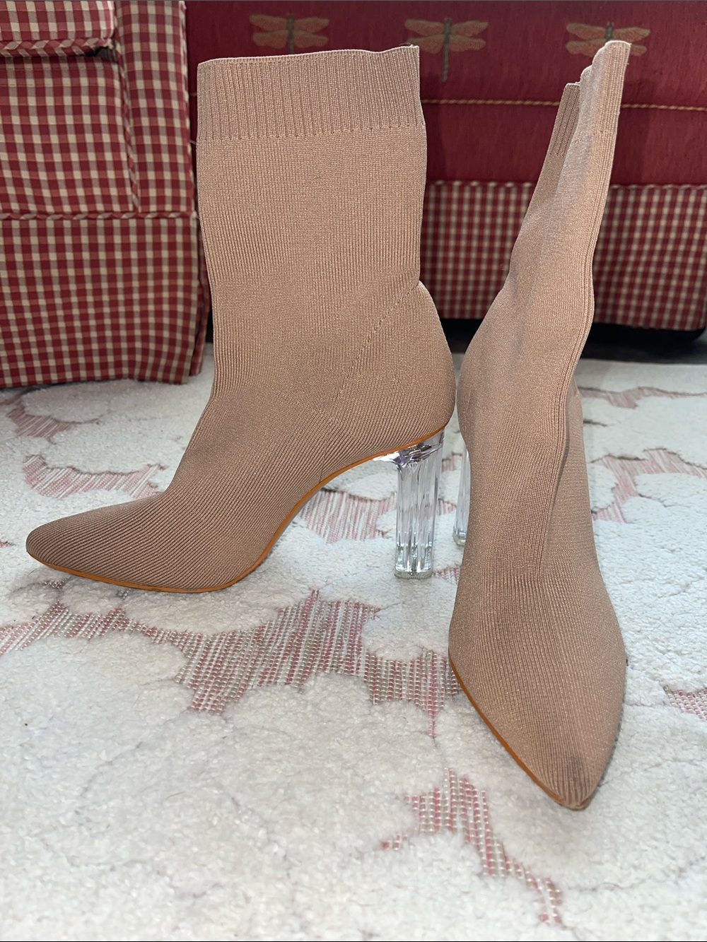 Knit Pointed-Toe Sock Booties in Taupe with Clear Heel